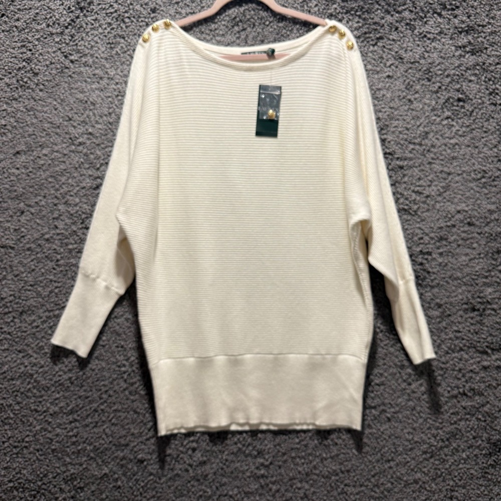 Lauren Ralph Lauren Sweater Womens L White NWT Button Shoulder Dolman Ribbed